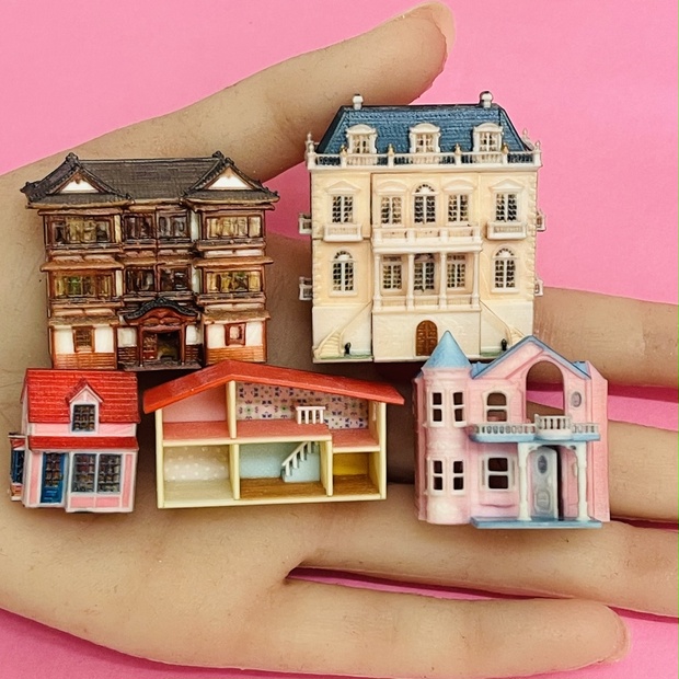 ミニチュア　ミニミニドールハウス5個　ドールハウスに　フィギュアに　リカちゃんに　ミニチュアイメージ　完成品　住宅模型　ジオラマに　 フルカラー3Dプリンター