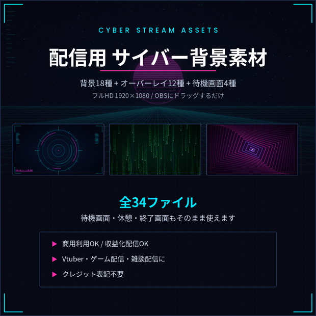配信用 サイバー背景素材 34点｜待機画面・オーバーレイ付き／商用利用OK