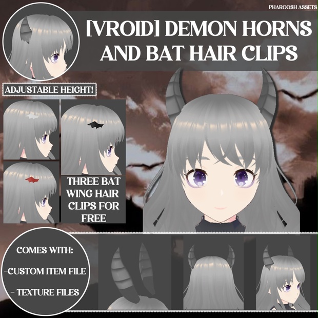 [VROID] Different Colours! Demon Horns with Free Bat Wing Hair Clips
