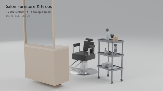 理容室・美容室のワゴン・小物・什器 3D セット［16 品目］/ Salon Furniture & Props
