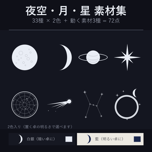 【夜空素材】月・星・星座 33種×2色 72点 ココフォリア用 透過PNG【無料あり】