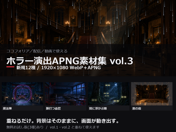 【ココフォリア対応】ホラー演出素材集 vol.3｜全画面ループ12種 WebP＋APNG（魔法陣/闇の眼/血管/懐中電灯）
