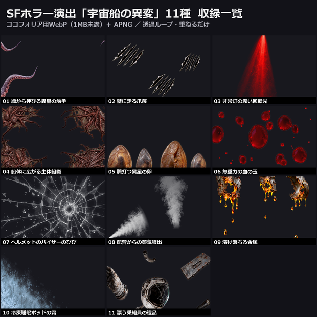 【演出素材】【無料あり】【TRPG/ココフォリア対応】SFホラー演出「宇宙船の異変」11種｜触手・異星の卵・生体組織・非常灯・溶ける金属・無重力の血（動くWebP＋APNG）