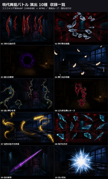 【演出素材】【無料あり】【TRPG/ココフォリア対応】現代異能バトル 能力発動 演出 10種｜血の刃・結晶・重力球・光の羽根・茨・オーラ・閃光（動くWebP＋APNG）