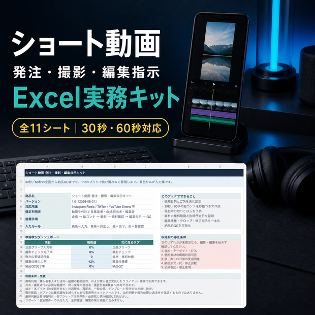 【Excel】ショート動画 発注・撮影・編集指示キット｜絵コンテ・権利管理・修正・納品QC