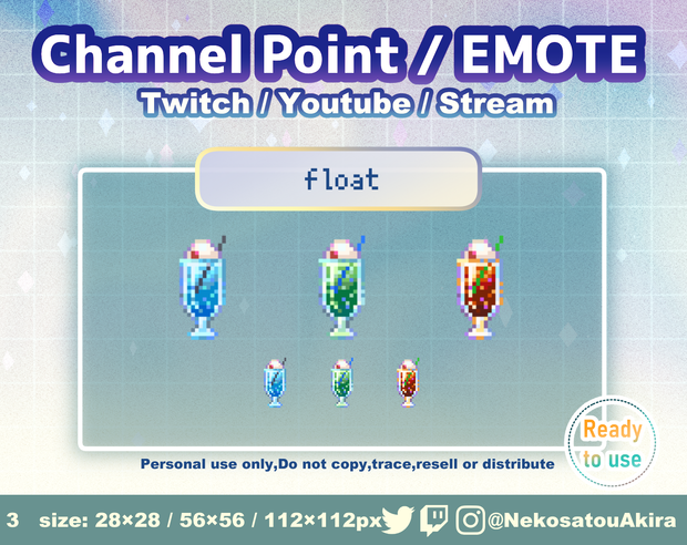 ドット絵「フロート」エモート・チャンネルポイント（nomal ver） Twitch emote x3 - channel point icon / Cute emotes / Kawaii / Streamer