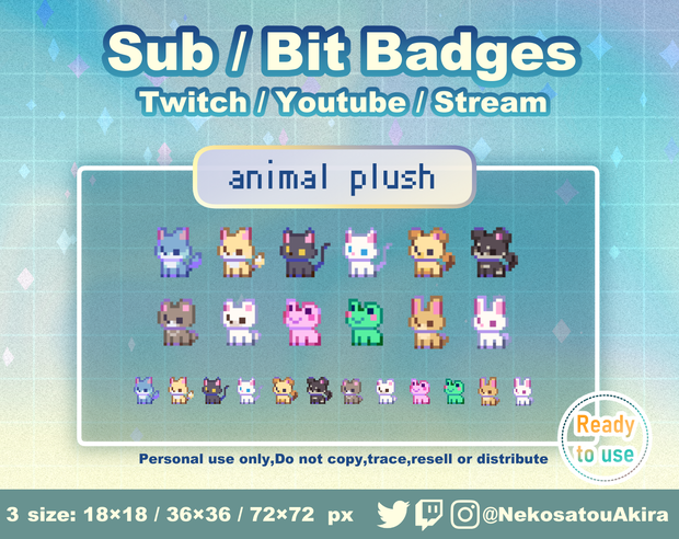 ドット絵「どうぶつのぬいぐるみ」バッジ　Twitch Sub Badges x12 - Bit Badges / Pixel Art / Cute sub badges / Kawaii / Streamer
