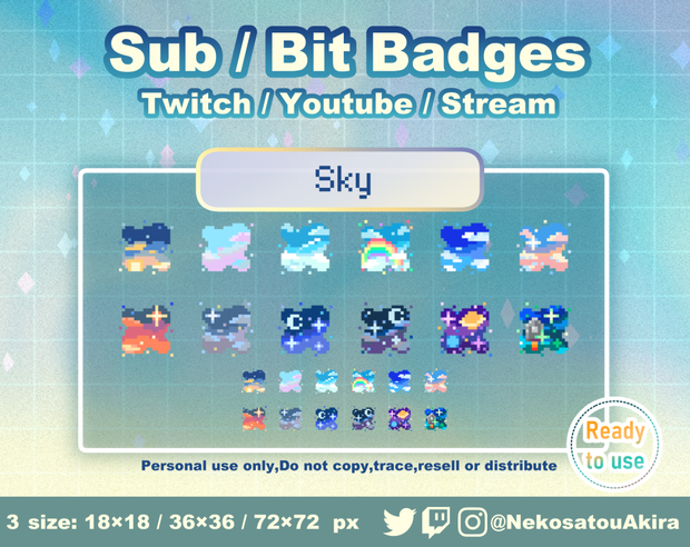 ドット絵「空」バッジ　Twitch Sub Badges x12 - Bit Badges / Pixel Art / Cute sub badges / Kawaii / Streamer