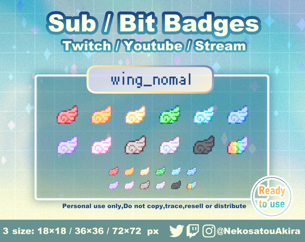 ドット絵「羽（ノーマル）」バッジ　Twitch Sub Badges x12 - Bit Badges / Pixel Art / Cute sub badges / Kawaii / Streamer