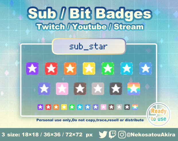 【無料配布】ドット絵「サブスクスター」バッジ　Twitch Sub Badges x13 - Bit Badges / Pixel Art / Cute sub badges / Kawaii / Streamer
