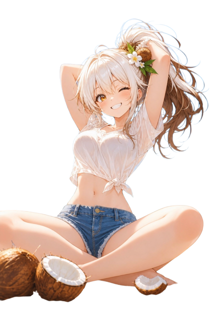 【商用可/背景透過】TRPG・ゲーム立ち絵：ココナッツスタイルのサマー少女（4枚セット） / Cute Coconut Girl Summer Sprite [Commercial Use OK]