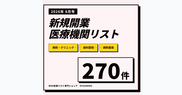 【2026年8月号】新設医療機関リスト（病院・クリニック・歯科・調剤薬局）全270件｜開業情報をWeb速報でリスト化｜先行アプローチ用
