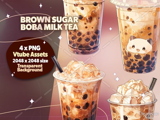 4 x Vtuber Assets Brown Sugar Boba Milk Tea, Vtube, Vtuber, Streamer, Twitch, Vtubing, Kawaii, Cute, Youtuber, Vtuber PNG Asset, Bubble Tea