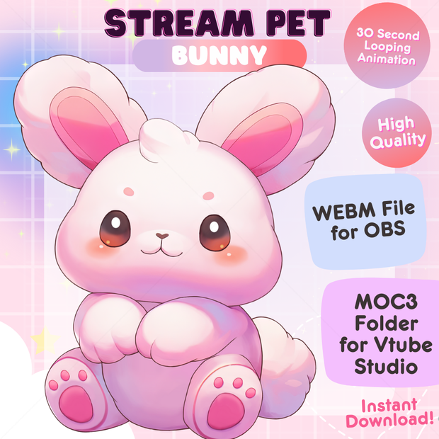 Animated Cute Bunny Streamer Pet Pal Asset - Vtuber Companion Streaming Twitch overlay OBS Streamlabs Vtube Studio Kawaii