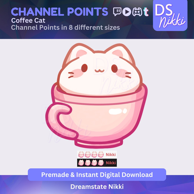 Coffee Cat Twitch Channel Points Icon – Cute Cat Cafe Badge for Twitch, YouTube, Discord, TikTok – Kawaii Stream Reward Icon