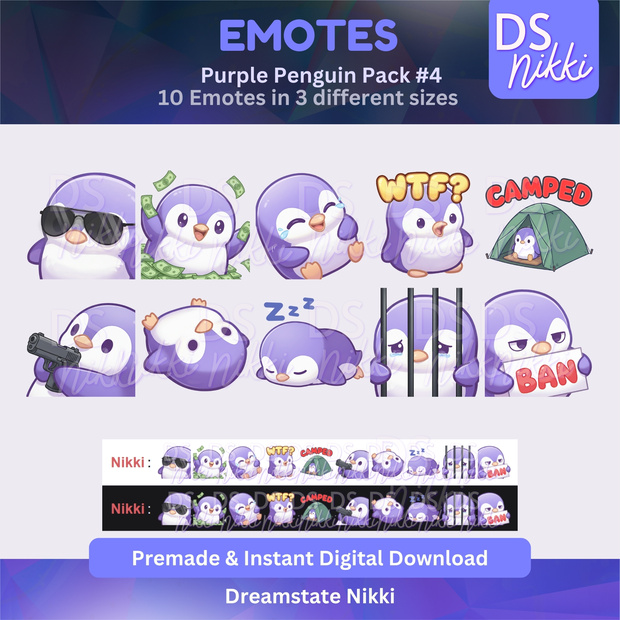Purple Penguin Emote Pack for Twitch, YouTube & Discord - Instant Download