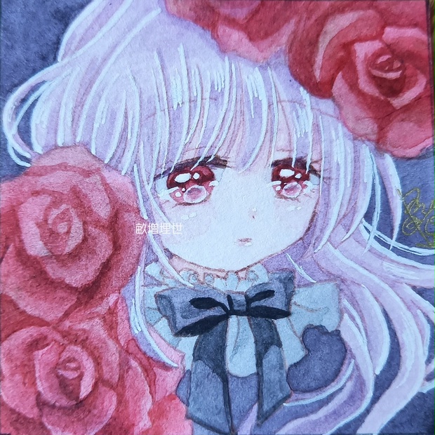 キャンバスボード 薔薇リボン 女の子 オリジナルイラスト