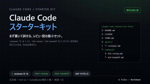Claude Code スターターキット【無料お試し版】｜レビュー役 reviewer ＋ /kit-review ・ /kit-handoff
