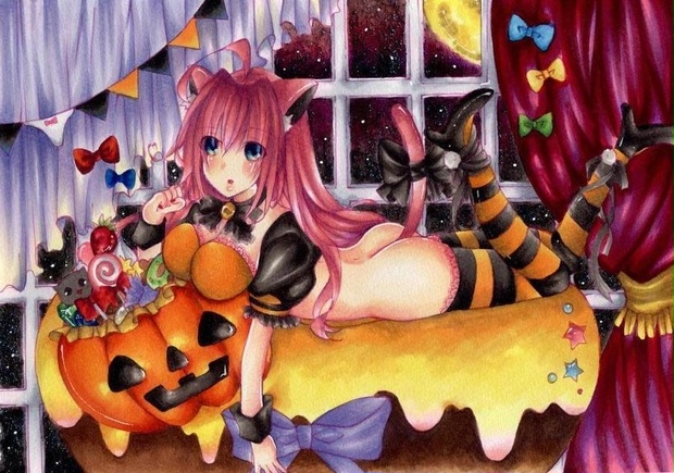 原画 手描きイラスト ハロウィン ピンク髪 猫耳 ネコミミ 女の子