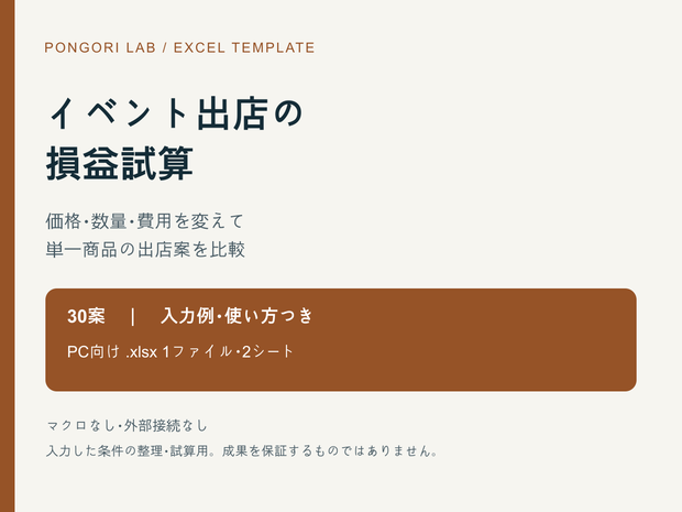 イベント出店の損益試算Excel【単一商品30案・入力例つき】