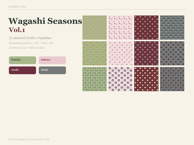 【9/27まで公開記念価格】Wagashi Seasons Vol.1｜和菓子12柄×4配色 シームレス素材 SVG・PNG・JPG 商用・POD可