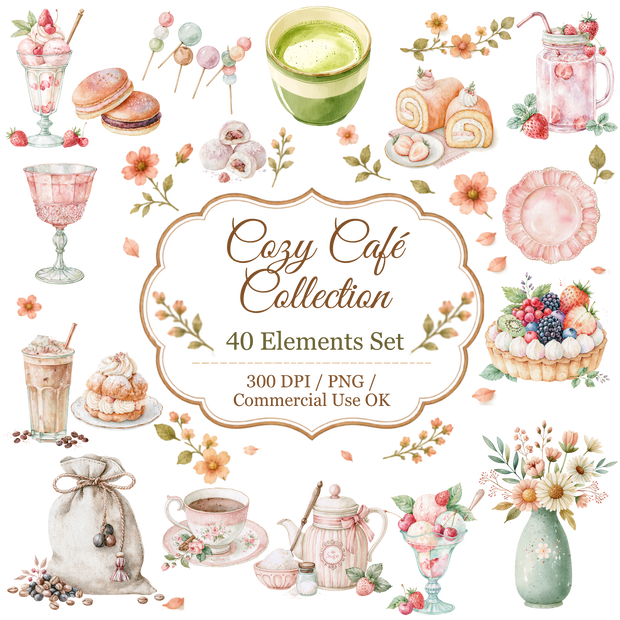 Cozy Café Watercolor Clipart Bundle | Coffee Shop PNG Elements | Commercial Use