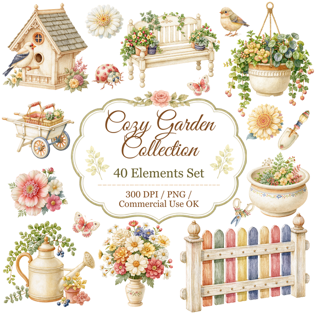 Cozy Garden Watercolor Clipart Bundle | Floral & Nature PNG Elements