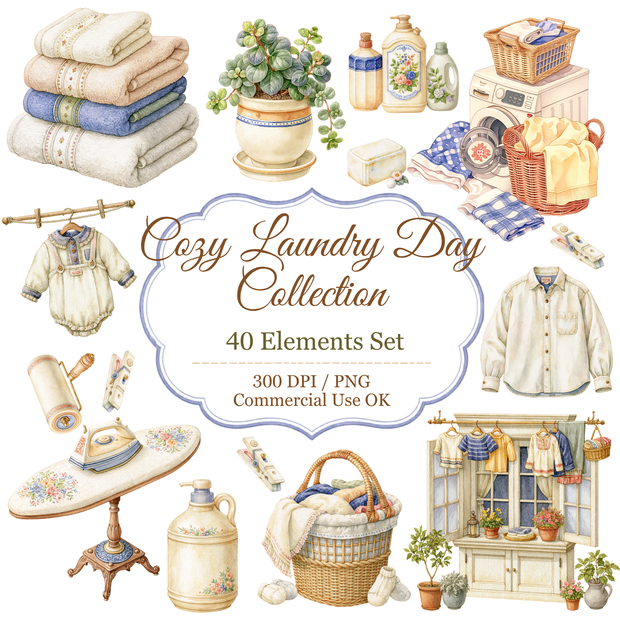 Cozy Laundry Day Watercolor Clipart Bundle | Home Life PNG Elements