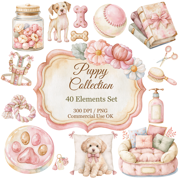 Puppy Essentials Clipart Bundle | 40 Watercolor PNG Elements
