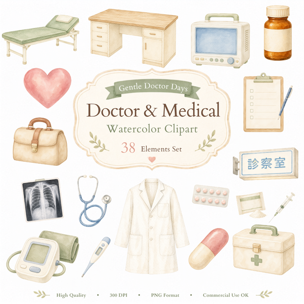 Gentle Doctor Days｜医師・診察・医療 水彩クリップアート 38点セット