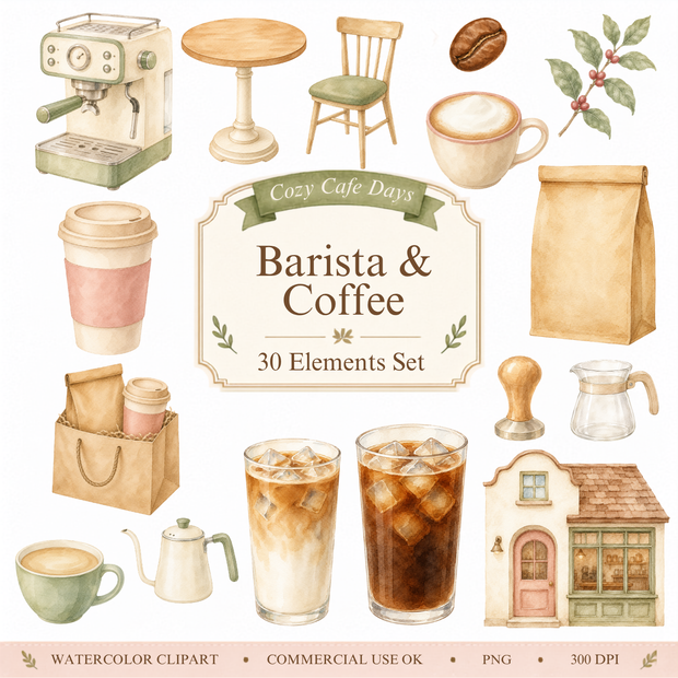 Cozy Cafe Days｜カフェ店員・バリスタ 水彩クリップアート 30点セット