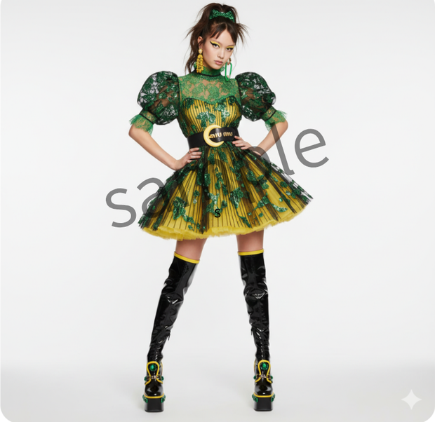 【AI生成】グリーンレース・パフスリーブミニドレス　​[AI-generated ] Green Lace Puff-Sleeve Mini Dress