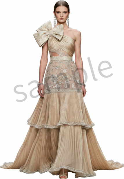 【AI生成】リボンと刺繍のティアードドレス【AI-generated】Tiered Dress with Bow and Embroidery
