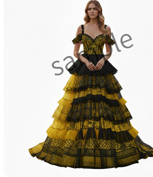 【AI生成】Black&Yellowレースドレス【AI-granted】Back&Yellow lace gown