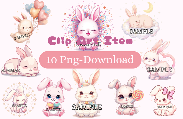 【商用利用可】ファンシーかわいいうさぎクリップアート10点セット（PNG背景透過）