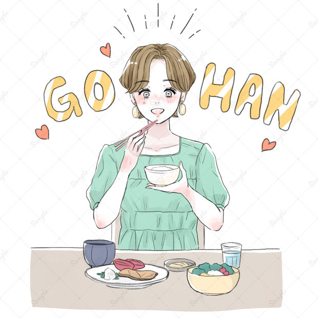【イラスト素材】ご飯を食べる女性