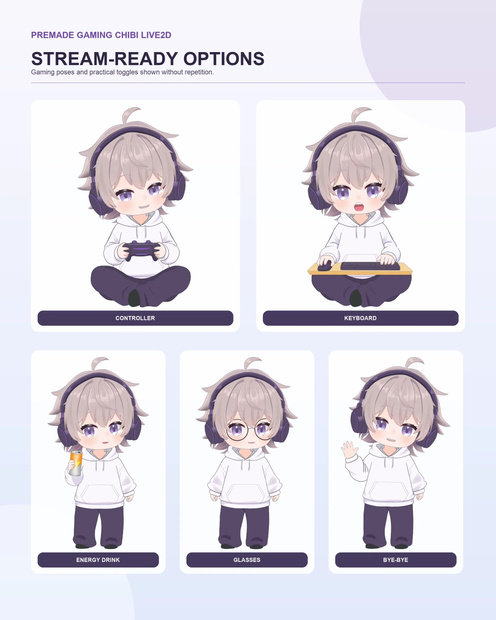 【VTS即導入OK】ゲーミングちびLive2D VTuberモデル｜表情・ポーズ差分付き