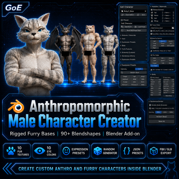 Anthropomorphic Male Character Creator NSFW | Blender Add-on | 90+ Blendshapes Furry | 男性獣人キャラクター作成アドオン