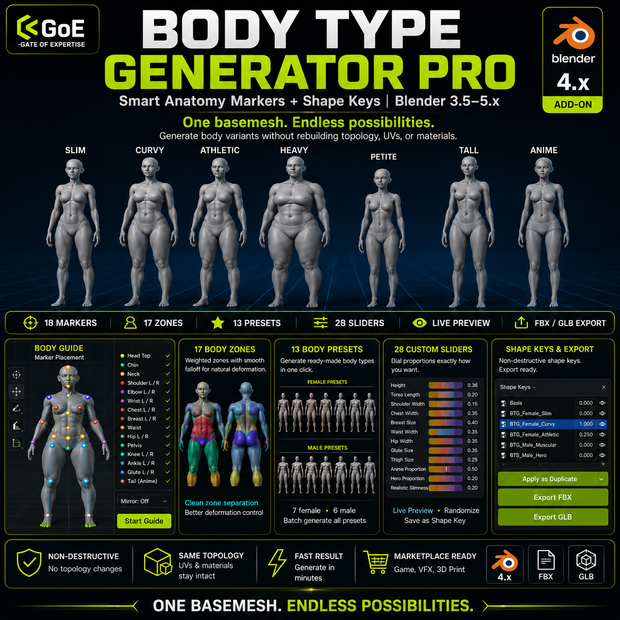 Body Type Generator Pro - Smart Anatomy Markers + Shape Keys | Blender 4.X | 体型生成アドオン
