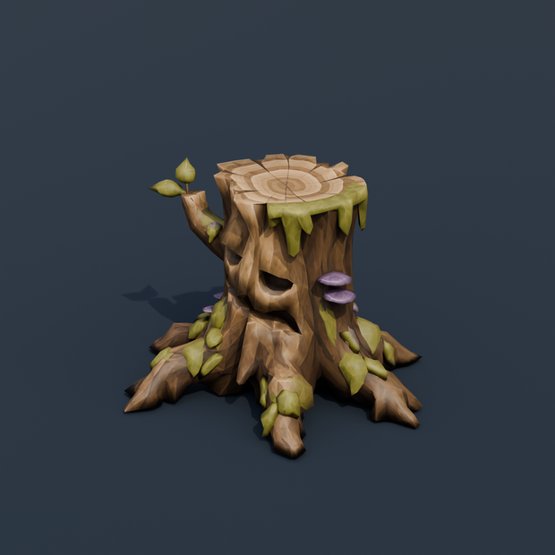 Stylized Low-Poly Face Tree Stump | Blender | ハロウィン3Dモデル