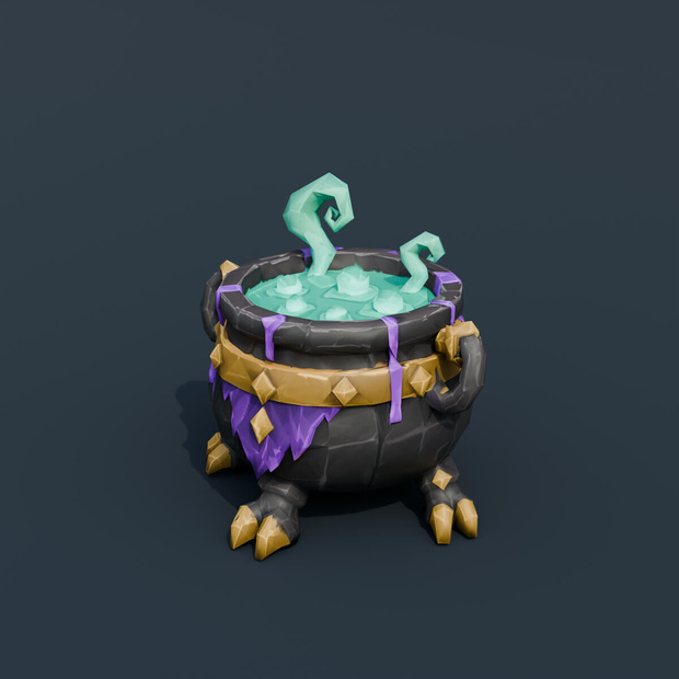 Stylized Low-Poly Bubbling Cauldron | Blender | ハロウィン3Dモデル