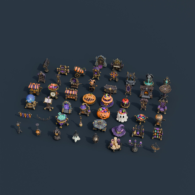Stylized Halloween Collection Vol. 2 - 50 Game-Ready Models | Blender | ハロウィン3Dモデル