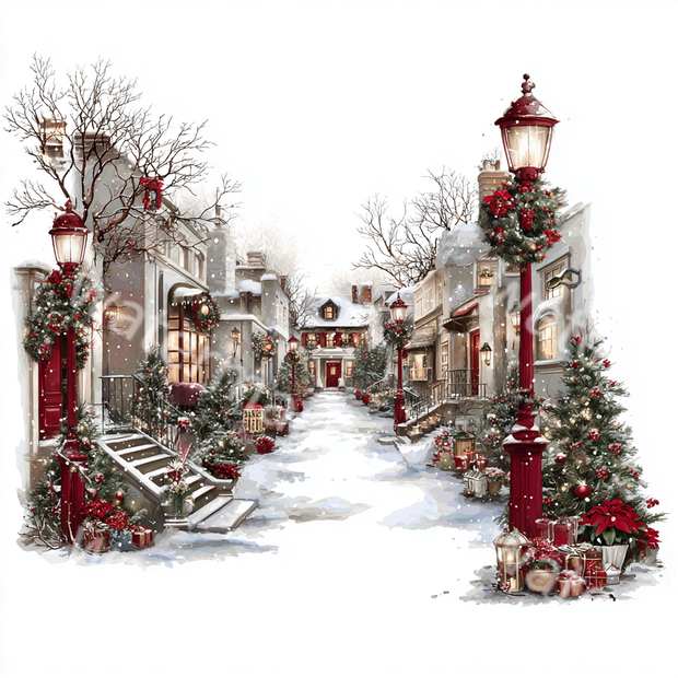 クリスマスタウンイラストPNG｜水彩ウィンタービレッジ素材・冬の街並みアート・デジタルダウンロード