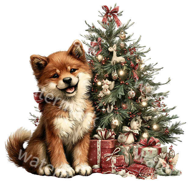 クリスマス柴犬クリップアートPNG15点セット｜水彩わんこ素材・可愛いホリデードッグイラスト・ジャンクジャーナル向け
