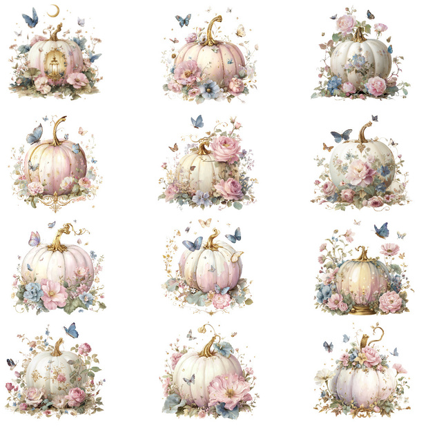 【商用利用OK】ファンタジーかぼちゃクリップアートPNG20点セット｜水彩秋素材・ジャンクジャーナル向け