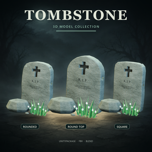 【3Dモデル】Tombstone｜草花と石付き墓石 3種セット【Unity / VRChat】