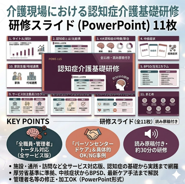 【介護現場の認知症介護基礎研修】 スライド11枚＋読み原稿付き｜施設・通所・訪問 共通｜ 4大認知症・BPSD・パーソンセンタードケア・サービス別注意点を完全網羅