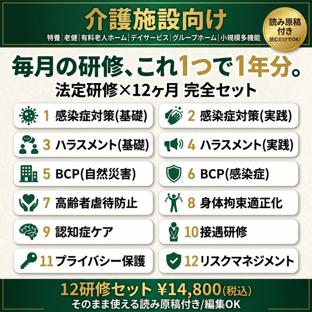 【介護施設】 毎月の研修 これ1つで1年分｜法定研修×12ヶ月 完全セット｜感染症・虐待防止・ハラスメント(カスハラ対応)・BCP・身体拘束・認知症・接遇・リスクマネジメントほか｜全スライド読み原稿付き｜特養・老健・有料・デイ・GH対応