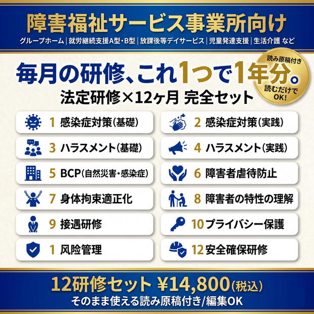 【障害福祉サービス事業所】 毎月の研修 これ1つで1年分｜法定研修×12ヶ月 完全セット｜感染症・障害者虐待防止・ハラスメント(カスハラ対応)・BCP・身体拘束・障害特性・安全確保ほか｜全スライド読み原稿付き｜児発・放デイ・就労・GH・生活介護対応