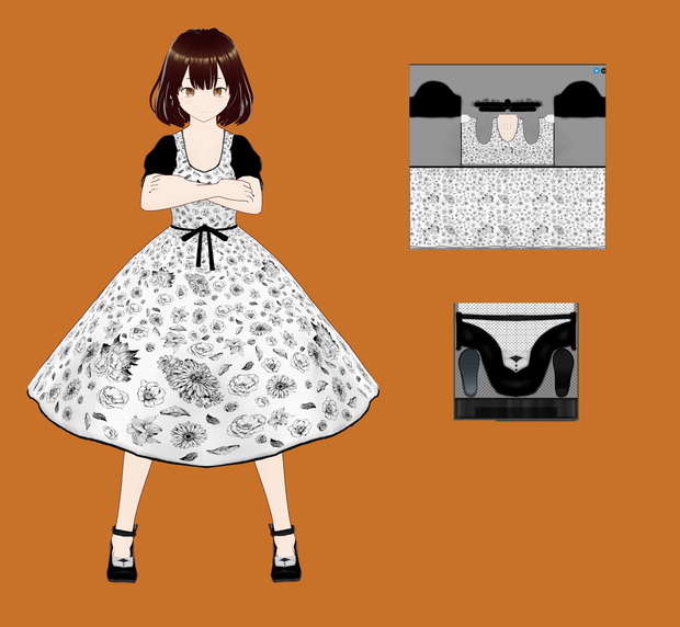黒の花柄のモデルの白いドレス - White dress with black floral print